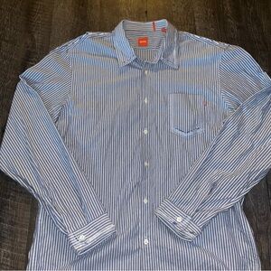 HUGO‎ BOSS Blue and White Casual Button Down Shirt with Pinstripes